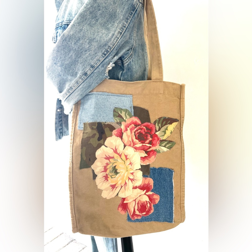 Floral Canvas Tote with Red and Blue Accents - Picture 3 of 3